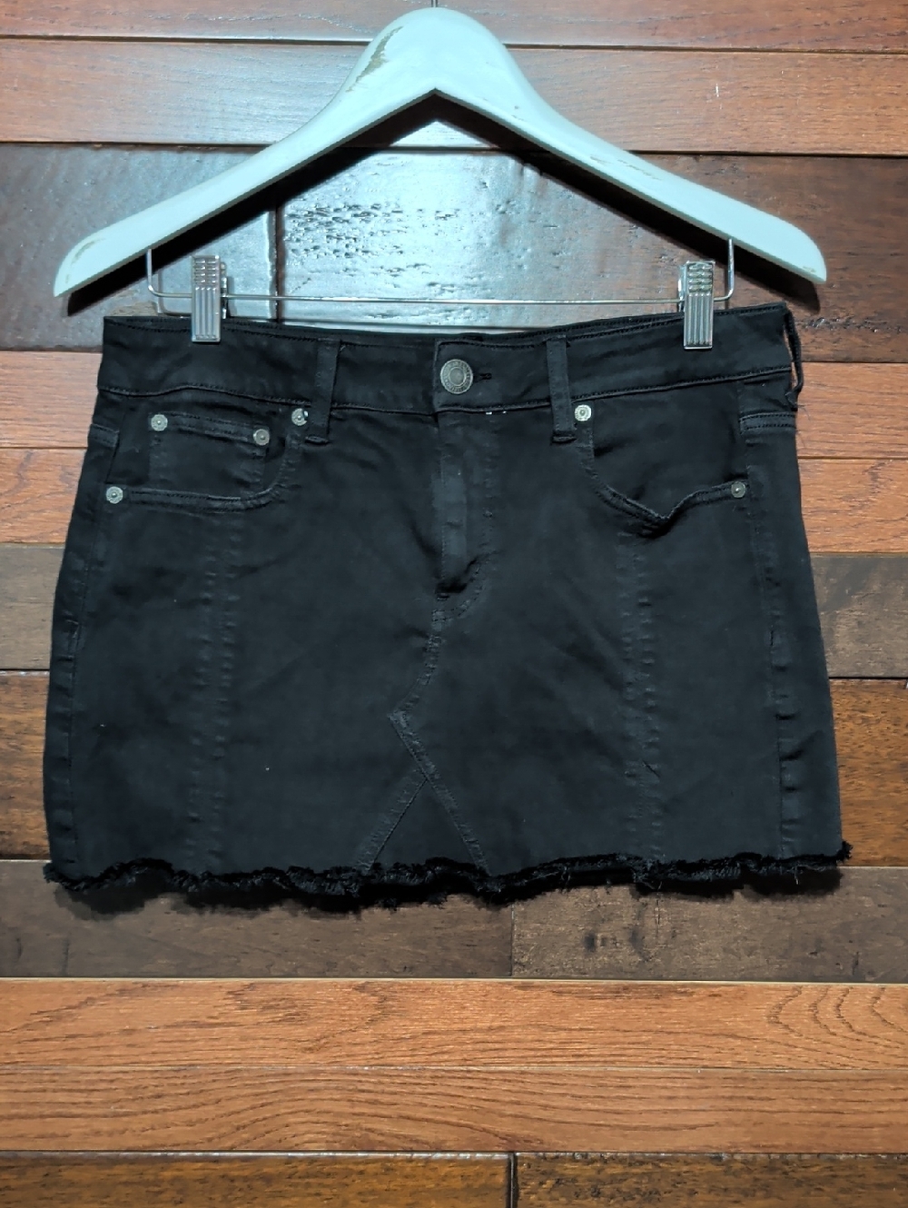 American Eagle Outfitters Black Denim Mini Skirt with Frayed Hem